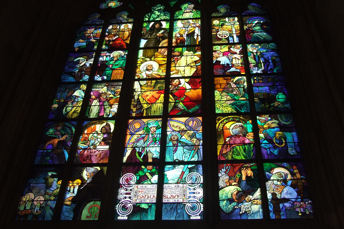 Alfons Mucha Art Nouveau stained glass window inside St. Vitus Cathedral Prague — Saints Cyril and Methodius