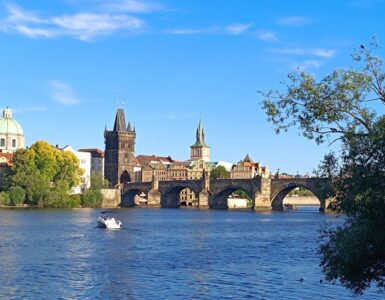 Historic Charles Bridge crossing the Vltava River in Prague, Czech Republic