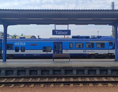 Czech Railways train departing from Tabor train station in the Czech Republic