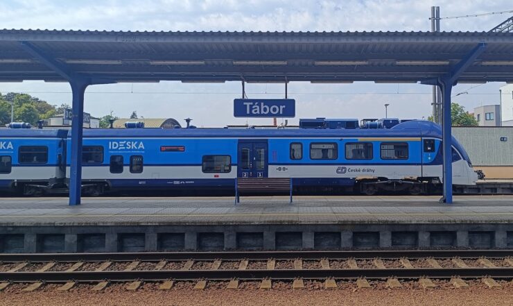 Czech Railways train departing from Tabor train station in the Czech Republic