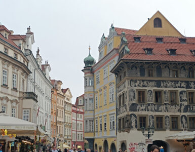 The House at the Minute (Dům U Minuty) featuring black and white sgraffito facades in Old Town Square, Prague.