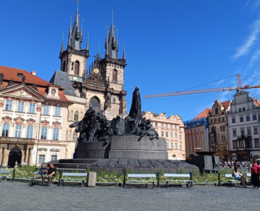 Old Town Square in Prague with Tyn Church and historic buildings in the city center